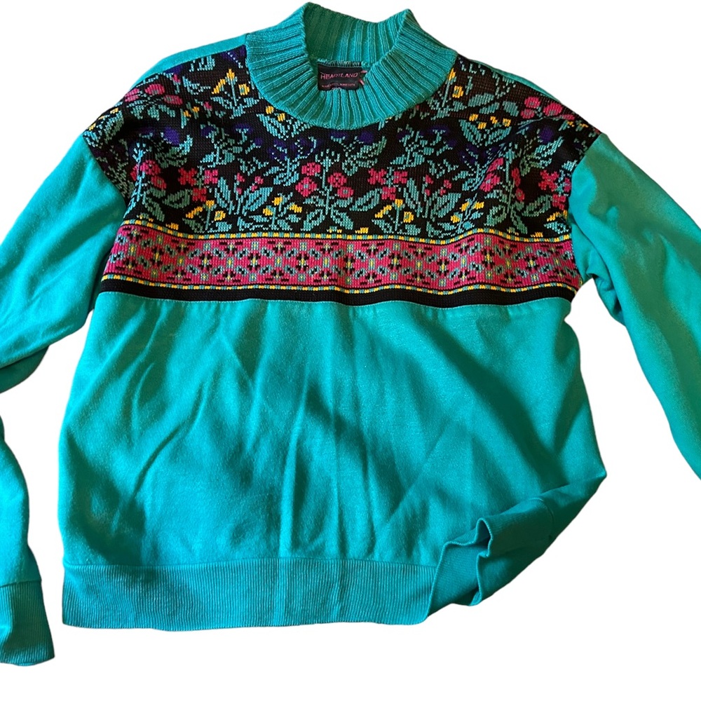 Vintage Heartland Minneapolis MN Mock Turtleneck Turquoise Aztec Women Sweater